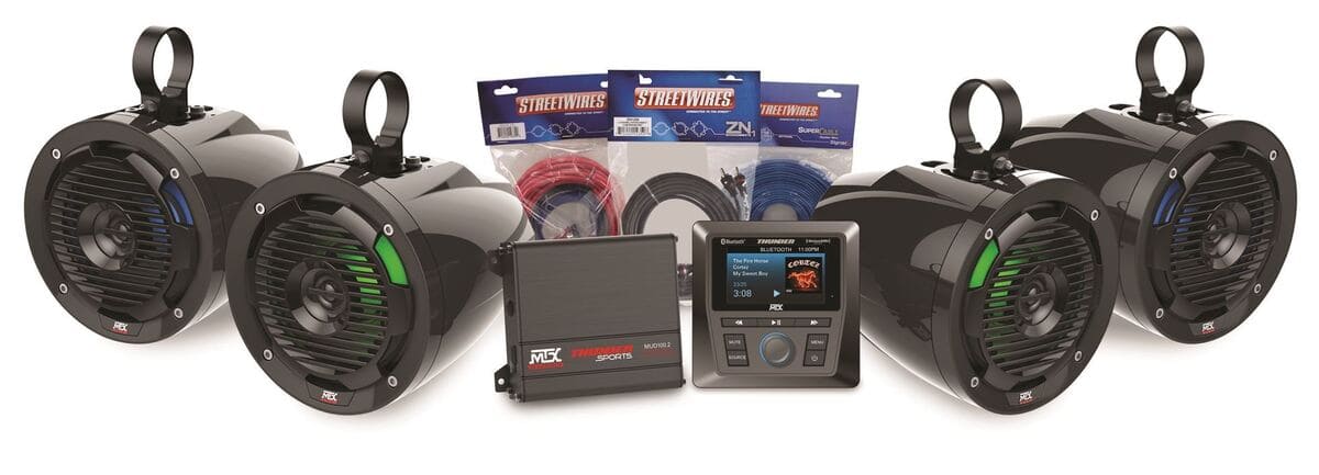MTX Audio complete UTV sound system with amplifier and roll cage speakers