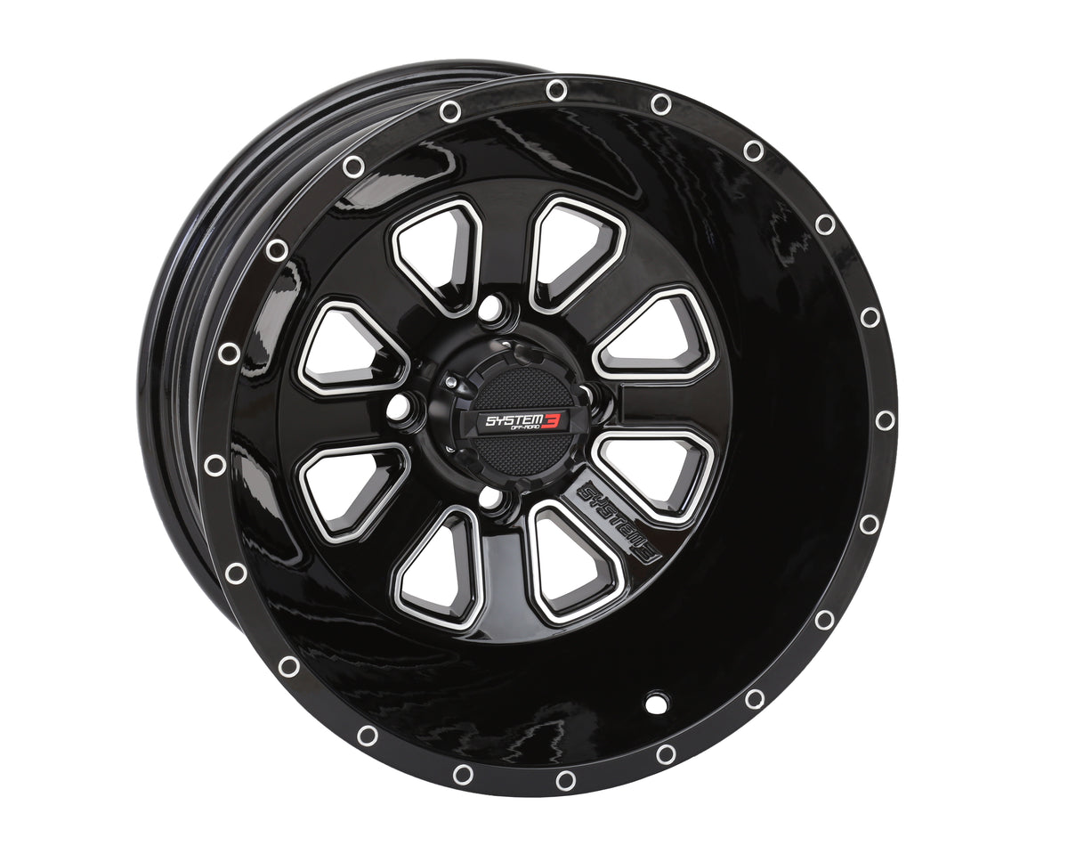 Photo of SYSTEM 3 ST4 WHEEL 14X7 2+5 (-47MM) 4/110 GLOSS BLACK/MACHINED by SYSTEM 3 - Premium Wheels for UTVs / Side by Sides
