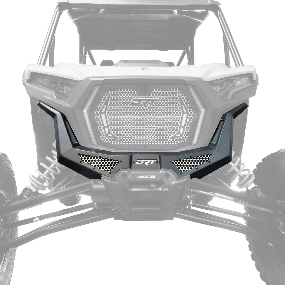 Front view of DRT upper bumper fitted around the OEM winch on a Polaris RZR XP S