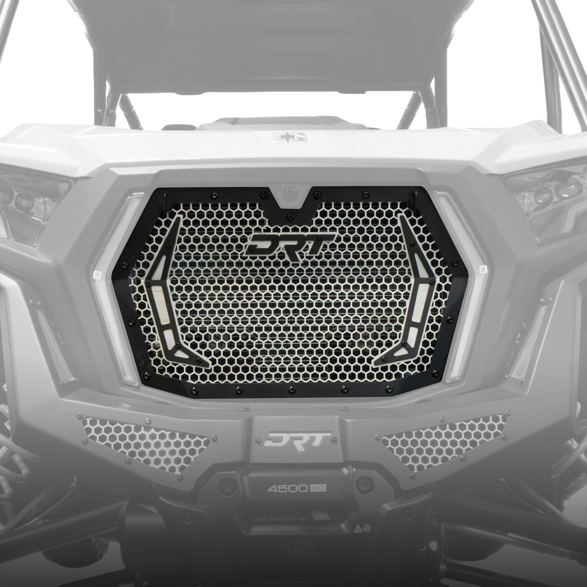 Front view of DRT aluminum radiator grille on a 2026 Polaris RZR XP S