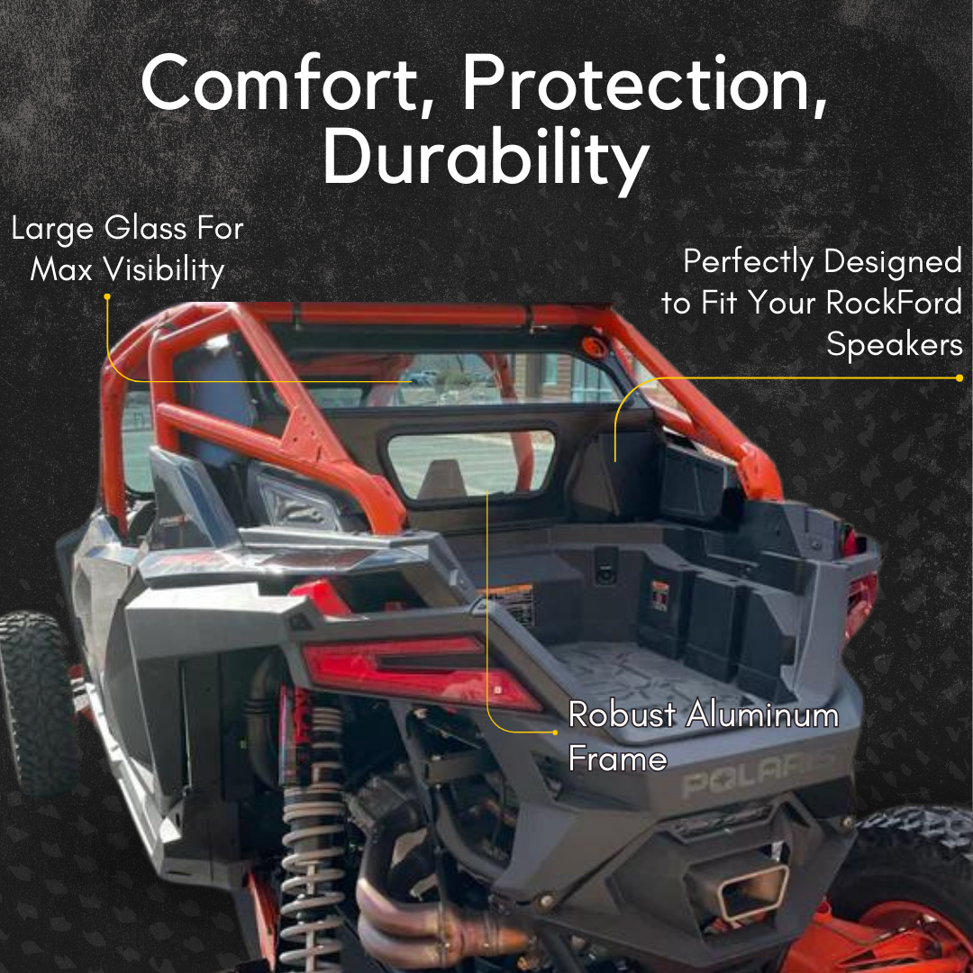 Photo of Polaris RZR Pro XP / Turbo R Rear Windshield for Rockford Fosgate Speakers (2020+) by Dirt Warrior Accessories - Premium Windshields for UTVs / Side by Sides