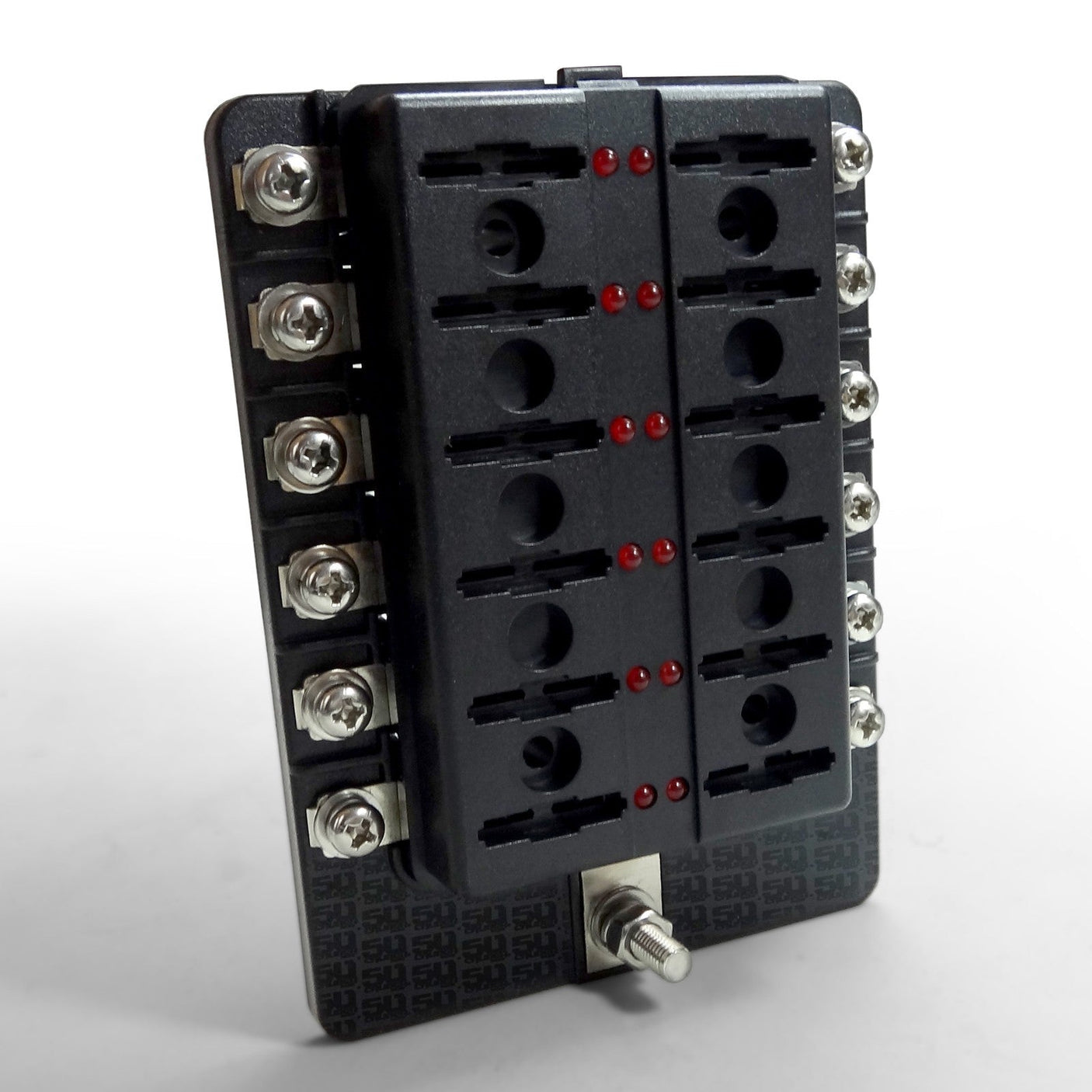 50 Caliber Racing 12-Way LED Fuse Block - 100A Input + Blown Fuse Indicator + ATO/ATC (6V-32V Universal)