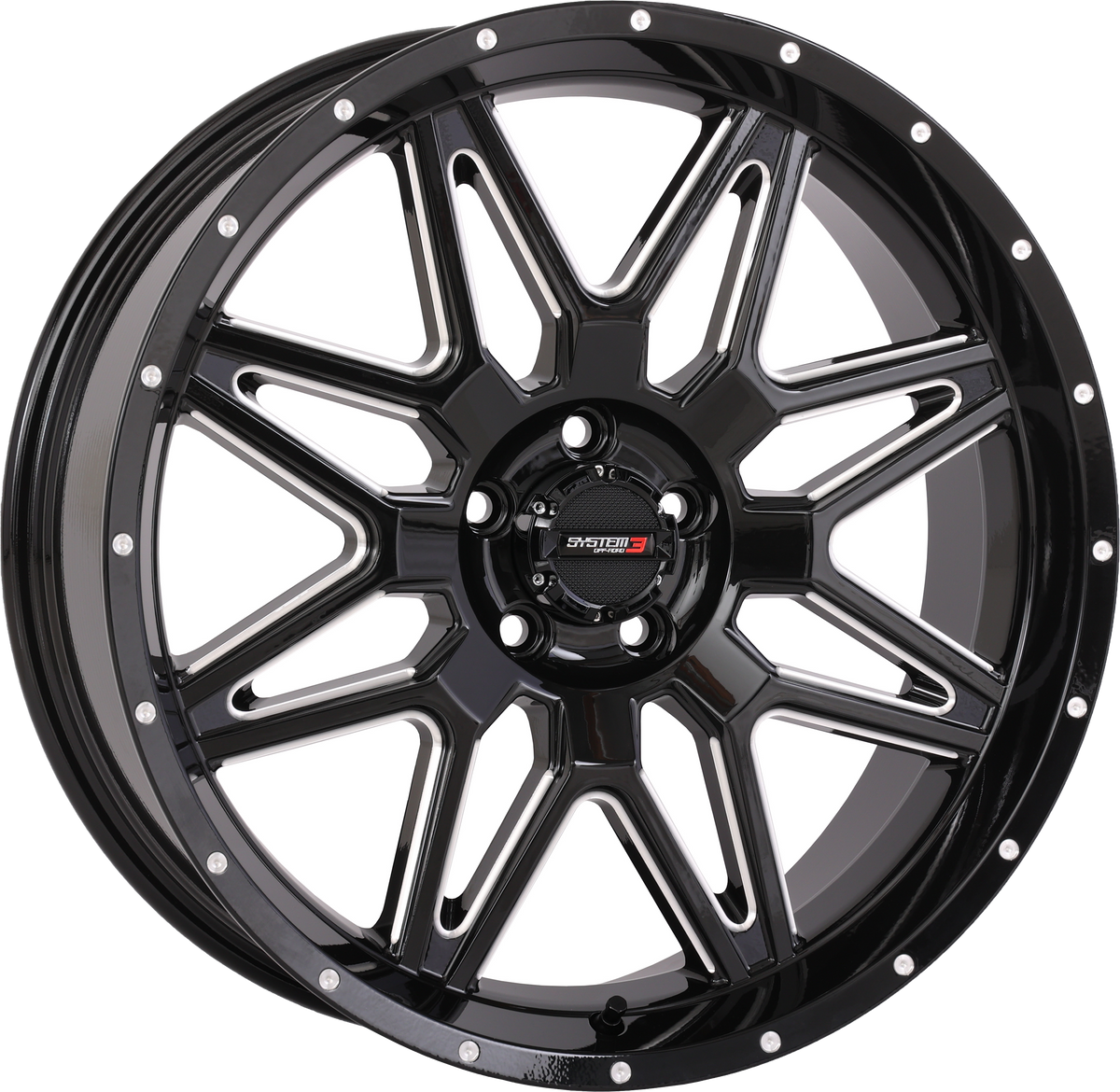 Photo of SYSTEM 3 ST7 WHEEL 20X7 4+3 (+10MM) 5/4.5 GLOSS BLACK MILLED by SYSTEM 3 - Premium Wheels for UTVs / Side by Sides