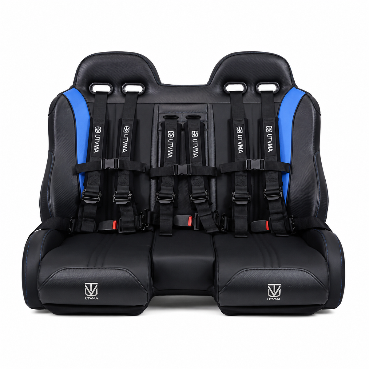 Black bench seat with blue accents and three harnesses