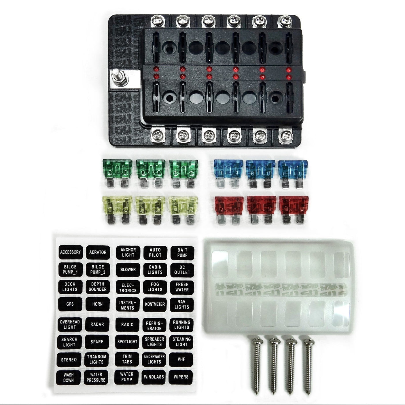 50 Caliber Racing 12-Way LED Fuse Block - 100A Input + Blown Fuse Indicator + ATO/ATC (6V-32V Universal)