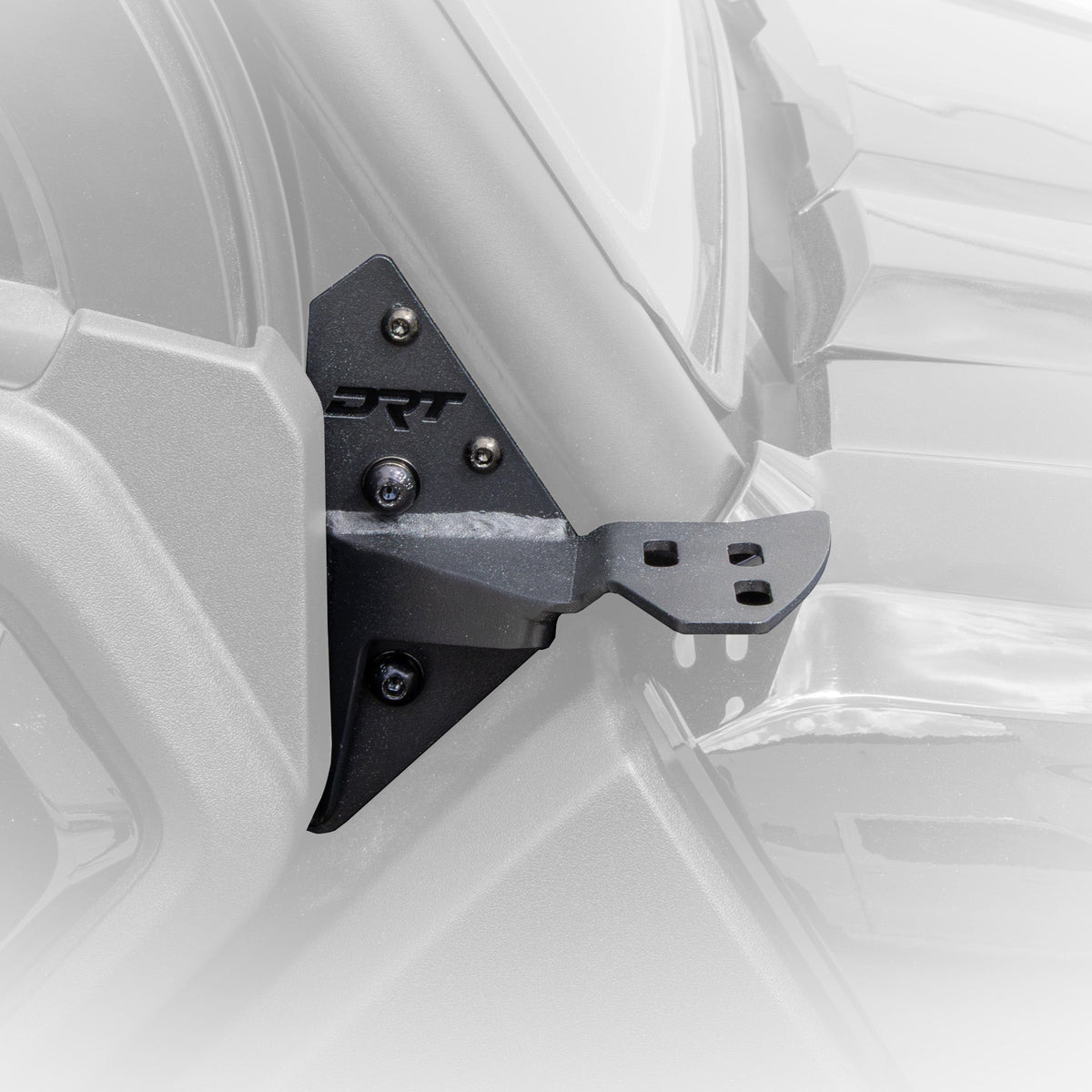 DRT A-pillar light bracket on CFMOTO U10 Pro showing the adjustable mounting plate angle