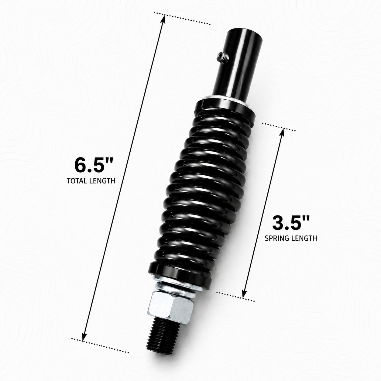 A black Heavy Duty Whip Spring Mount with silver metal hardware, shown on a white background with dimension lines and text indicating a total length of 6.5 inches and a spring length of 3.