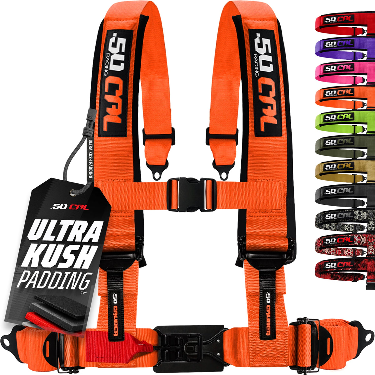50 Caliber Racing Fury Orange 4-point Elite EZ-Adjust race-latch harness front view