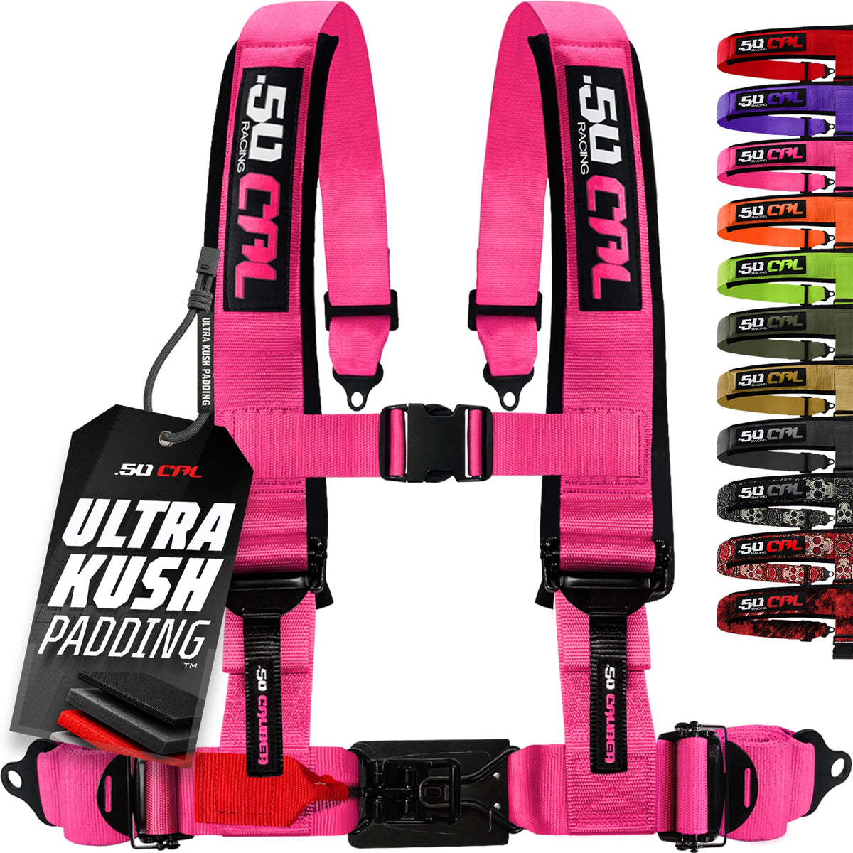 50 Caliber Racing Nitro Pink 4-point Elite EZ-Adjust race-latch harness front view