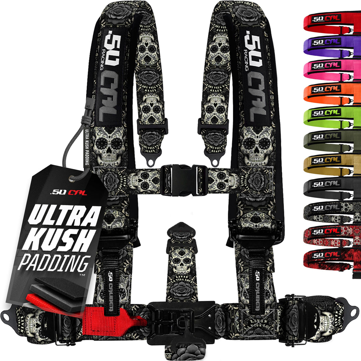 50 Caliber Racing Black Sugar Skull 5-point Elite EZ-Adjust race-latch harness front view