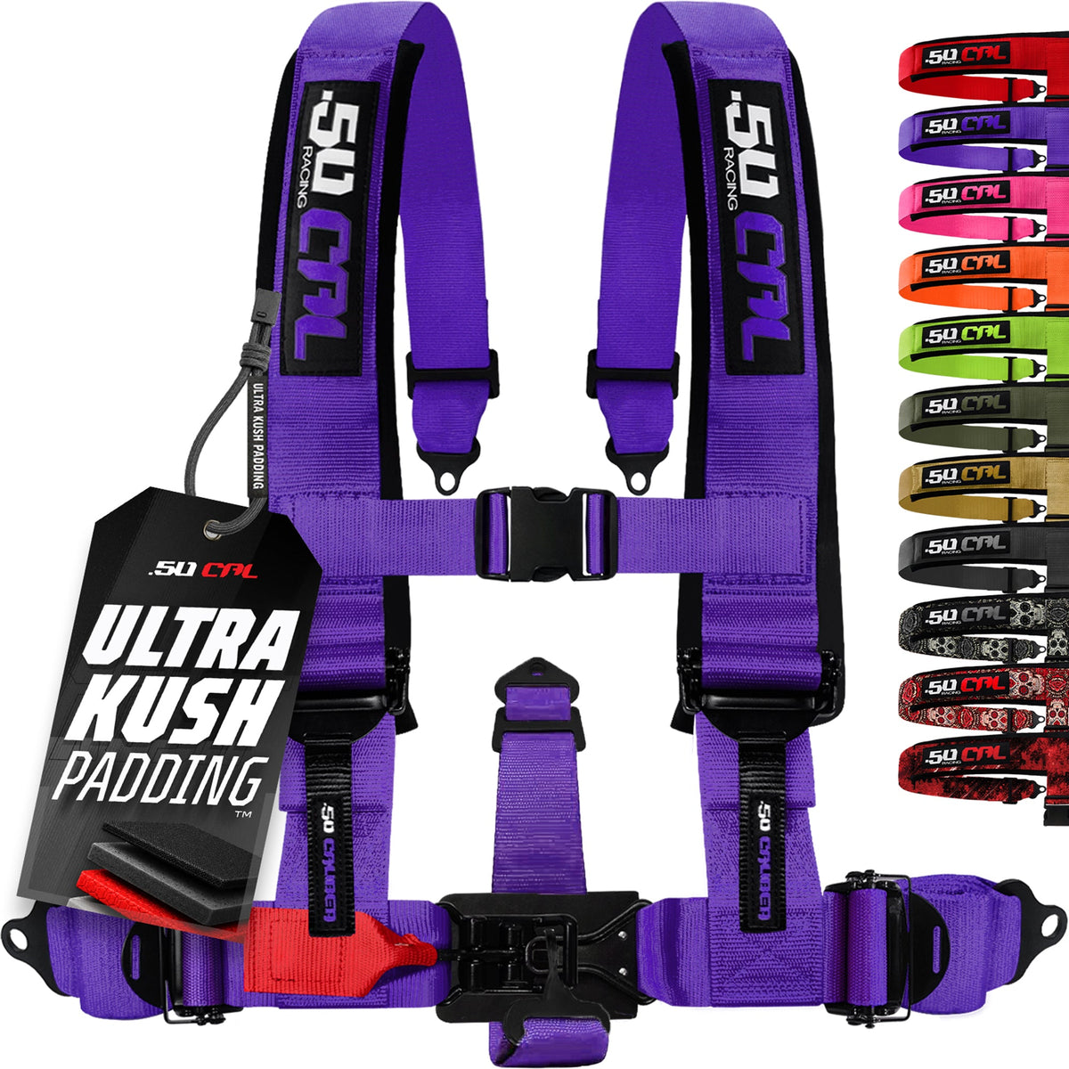 50 Caliber Racing Violent Purple 5-point Elite EZ-Adjust race-latch harness front view
