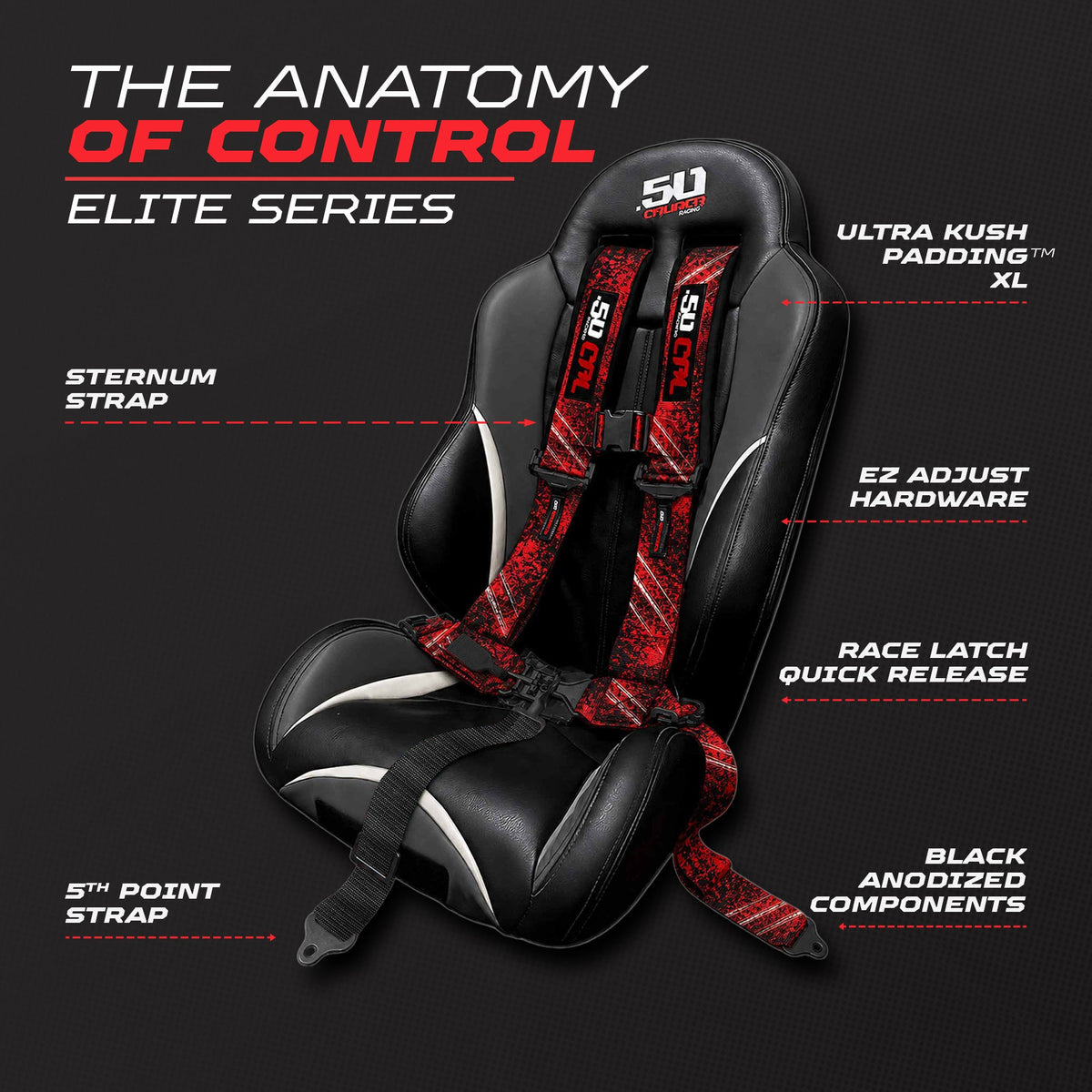50 Caliber Racing Death Trap 5-point Elite EZ-Adjust race-latch harness shown on a seat with buckle and adjuster callouts