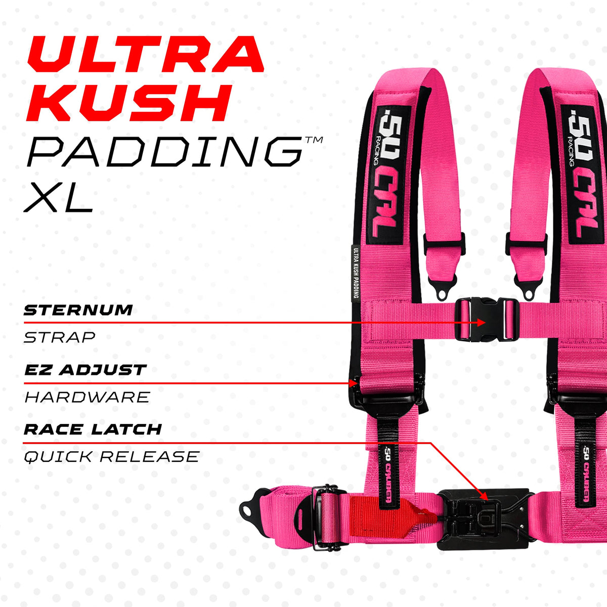 50 Caliber Racing Nitro Pink 4-point Elite EZ-Adjust race-latch harness shoulder padding and release detail
