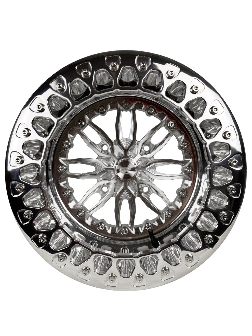 Front view of a Packard Icon silver beadlock UTV wheel with a polished barrel.