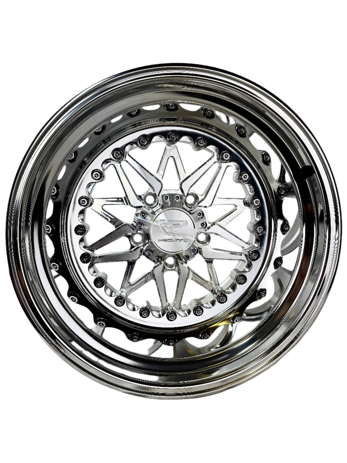 Front view of a Packard Impact 2.0 silver non-beadlock UTV wheel with a polished barrel.