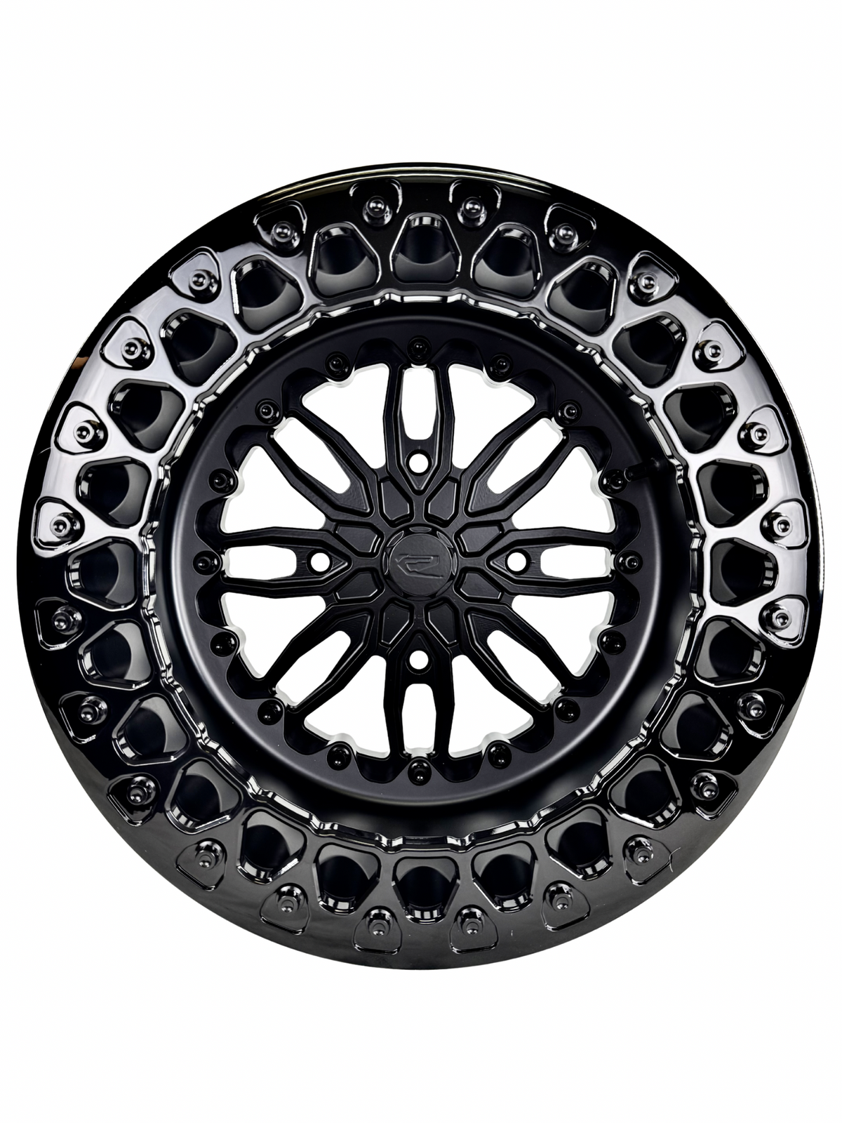 Front view of a Packard Icon Midnight beadlock UTV wheel with a satin black barrel.