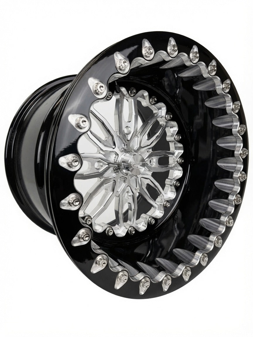 Packard Icon silver forged beadlock wheel with black ring - angled view