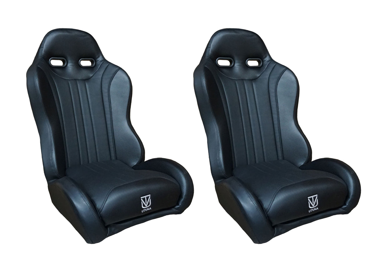 Pair of black front bucket seats on a white background
