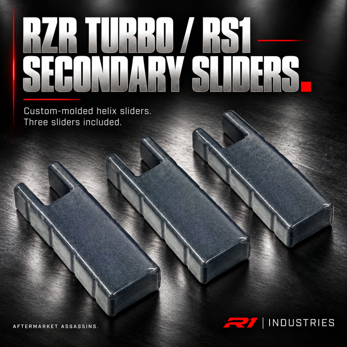 Polaris RZR Turbo and RS1 secondary clutch slider set showing three molded sliders