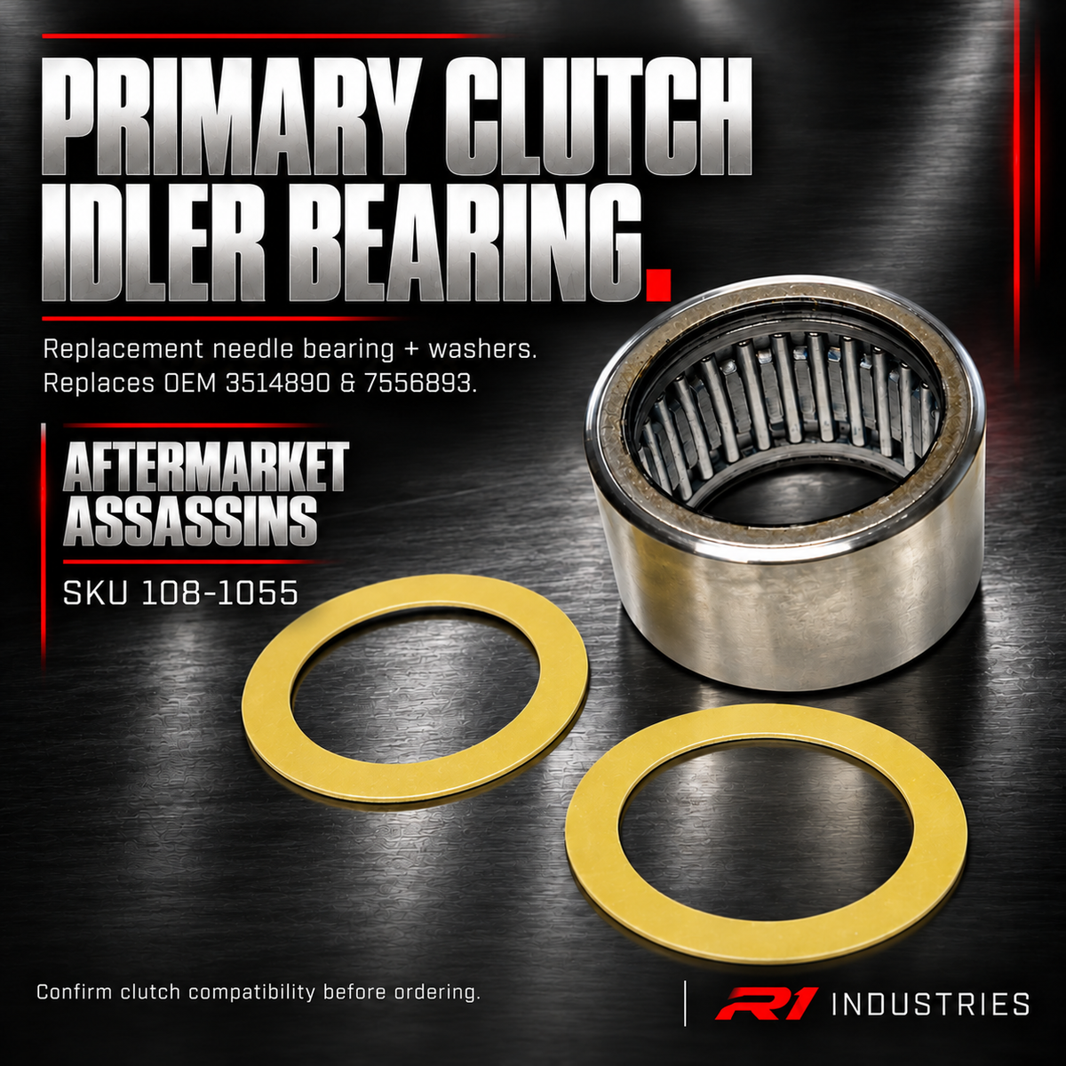 Aftermarket Assassins 108-1055 primary clutch idler bearing kit with needle bearing and two washers, replacing OEM 3514890 and 7556893