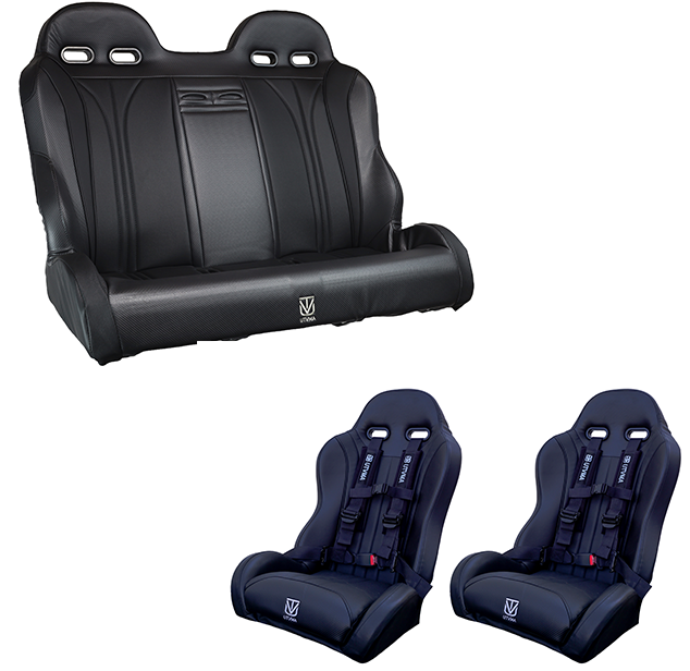 Black rear bench and pair of front bucket seats with harnesses