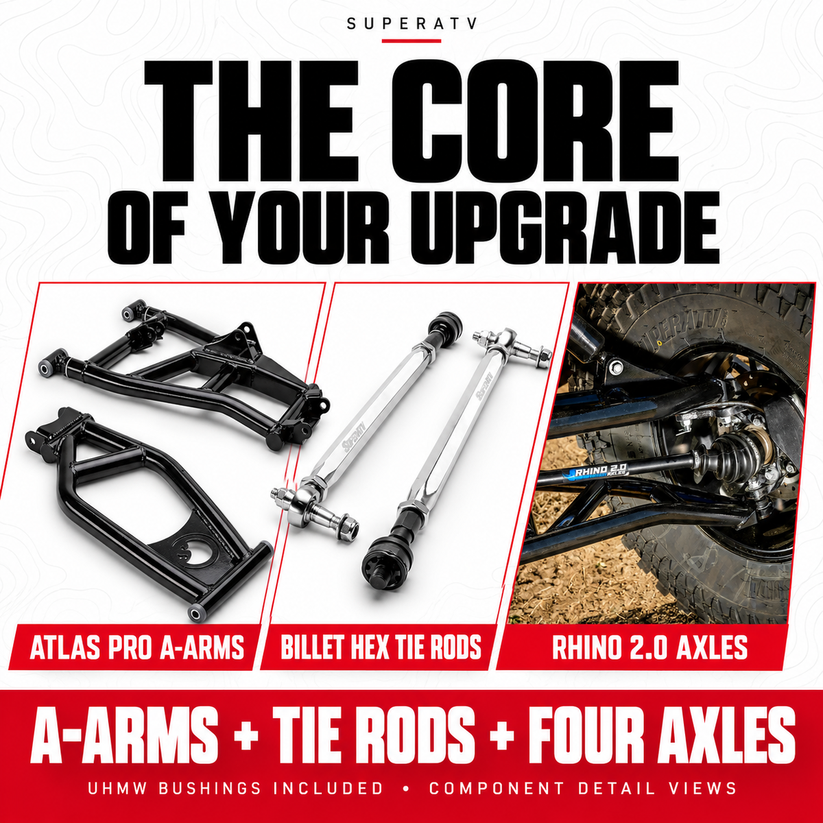 SuperATV UForce U10 Pro long travel kit — Atlas Pro A-arms, billet tie rods and Rhino 2.0 axles