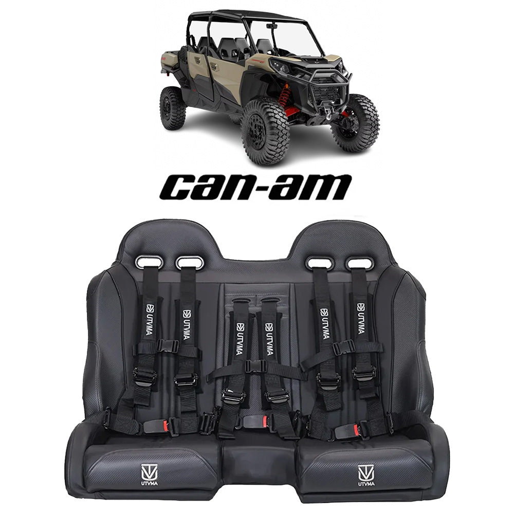 Black three-person UTV bench seat with harnesses and Can-Am vehicle inset