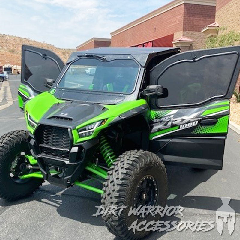 Dirt Warrior Vault upper glass doors installed on a two-seat Kawasaki Teryx KRX 1000; optional front glass and wiper shown.