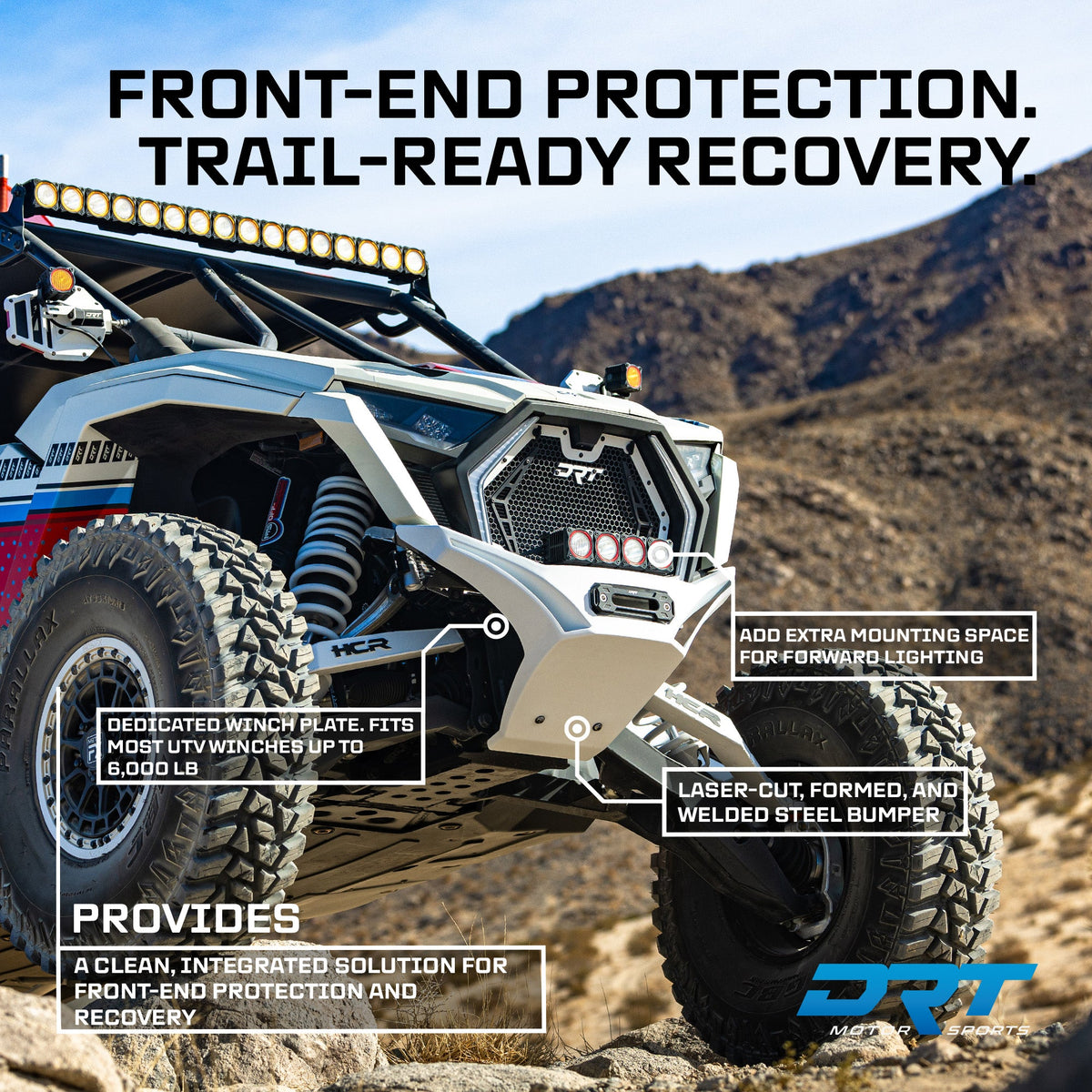 V2.0 Front Winch Bumper for Polaris RZR Pro R /Pro S/Turbo R 2022+ installed, with DRT manufacturer feature callouts; additional accessories may be shown.