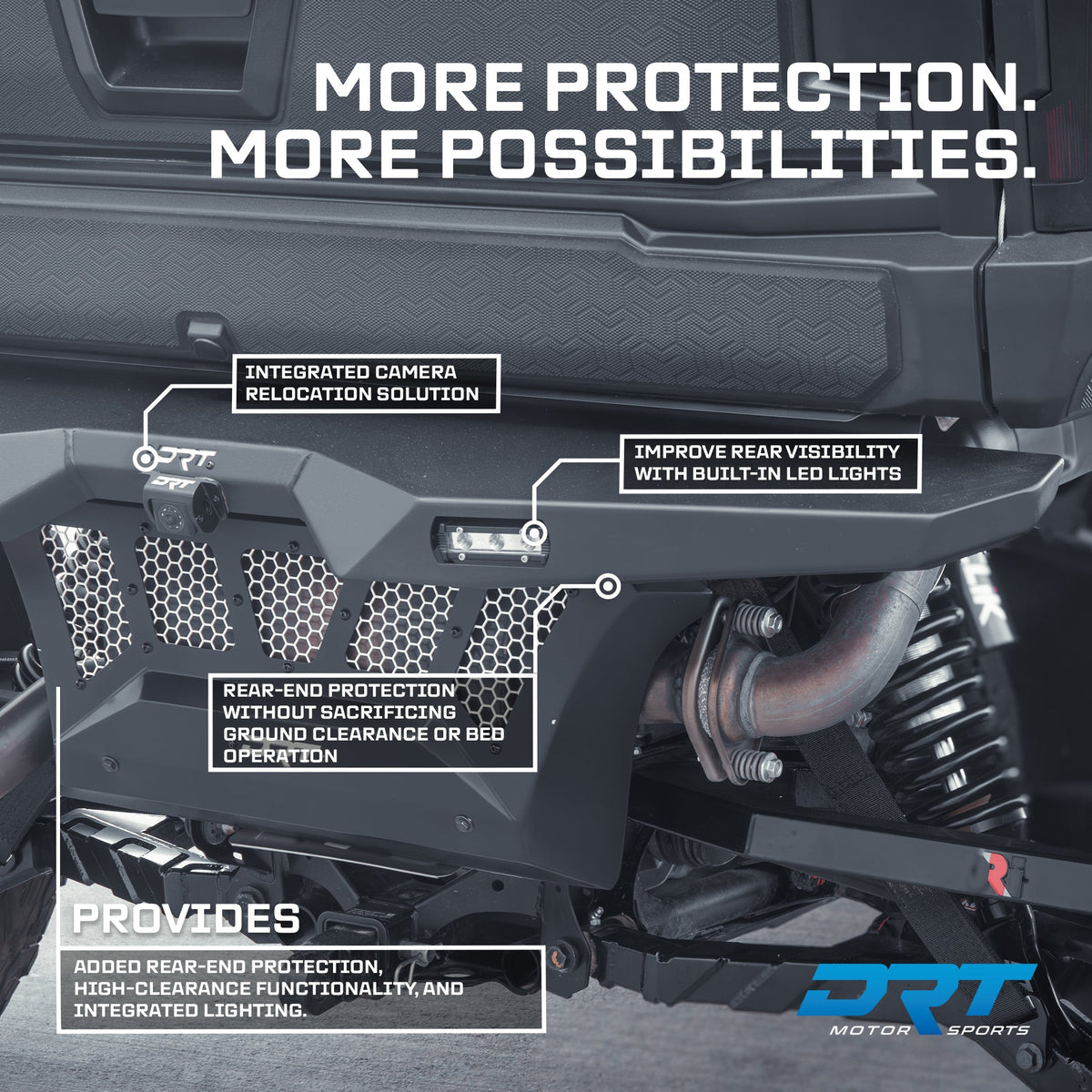 Rear Bumper for Polaris 2024+ Xpedition installed, with DRT manufacturer feature callouts; additional accessories may be shown.