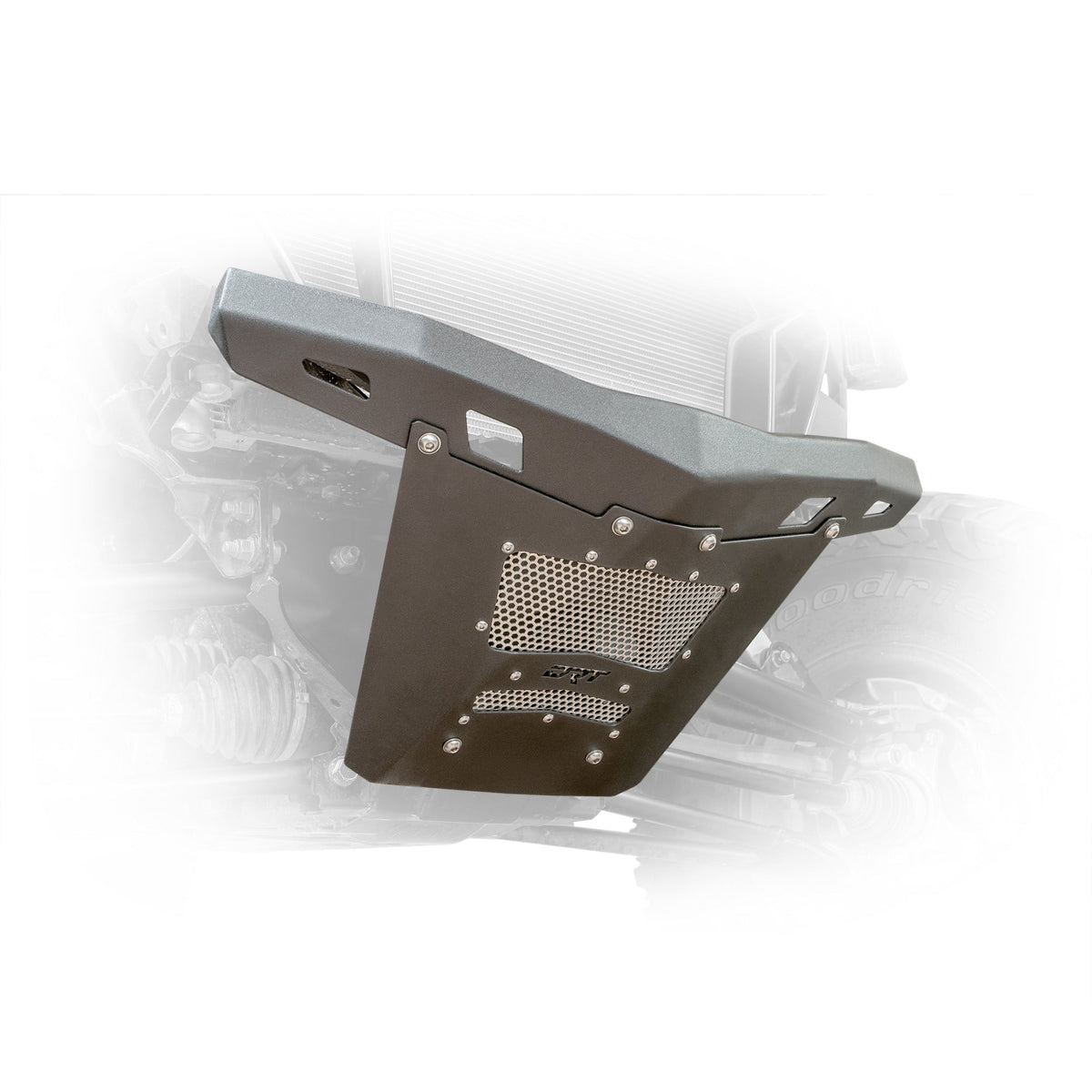 DRT RZR Pro XP front bumper and skid plate, angled installed-location view