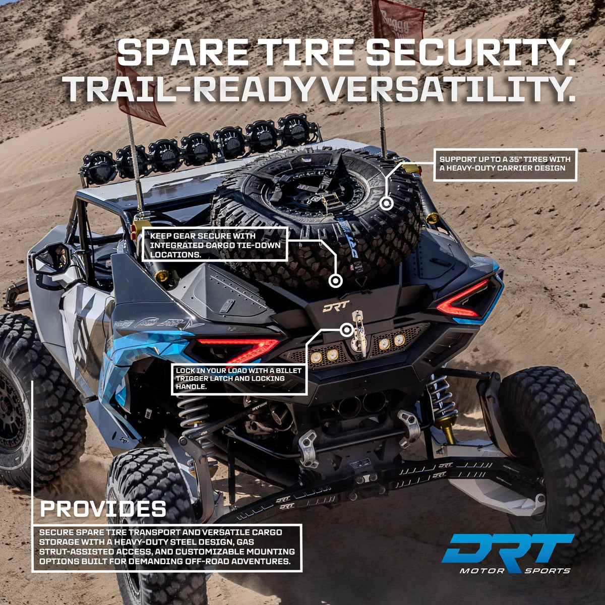 DRT V2.0 tire carrier installed on a Can-Am Maverick R with a spare tire and manufacturer feature callouts; other accessories shown.