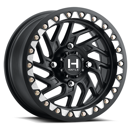 Hostile H316 Jigsaw Beadlock UTV wheel in Asphalt satin black — angled 4-lug view