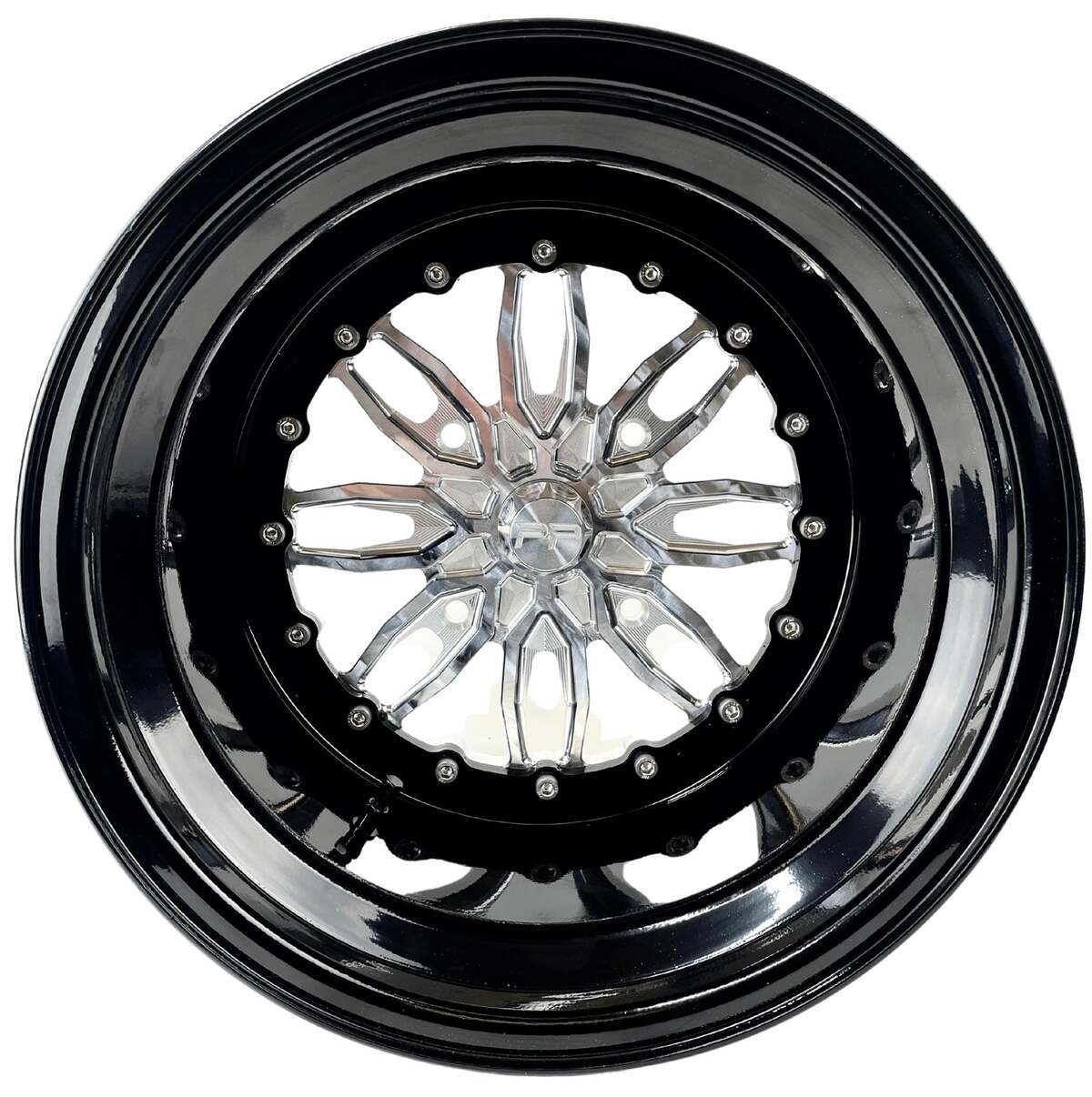 Front view of a Packard Icon silver non-beadlock UTV wheel with a black barrel.