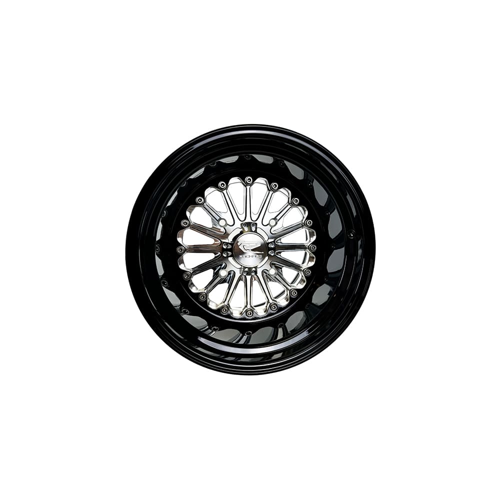 Front view of a Packard Element silver non-beadlock UTV wheel with a black barrel.