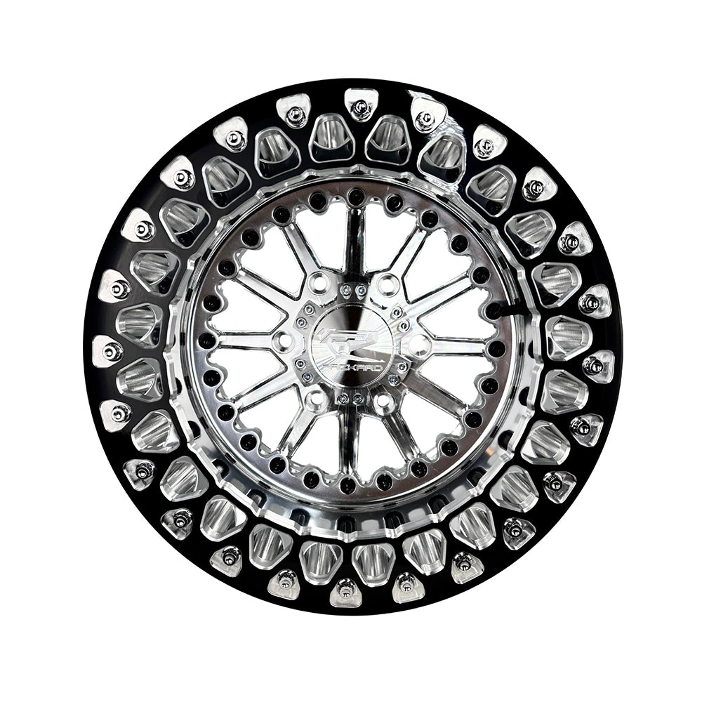 Front view of a Packard Element silver beadlock UTV wheel with a polished barrel.