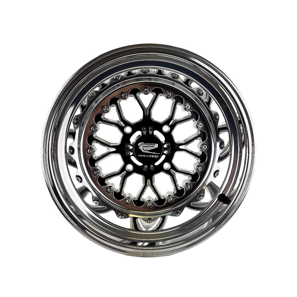Front view of a Packard Wishbone gloss black non-beadlock UTV wheel with a polished barrel.