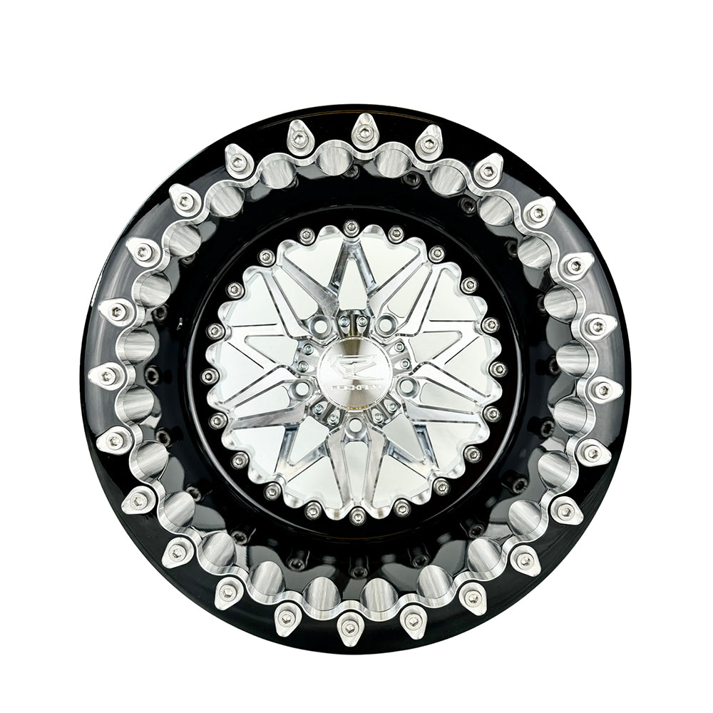 Front view of a Packard Impact silver beadlock UTV wheel with a black barrel.