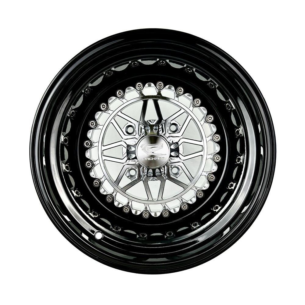 Front view of a Packard Apollo silver non-beadlock UTV wheel with a black barrel.