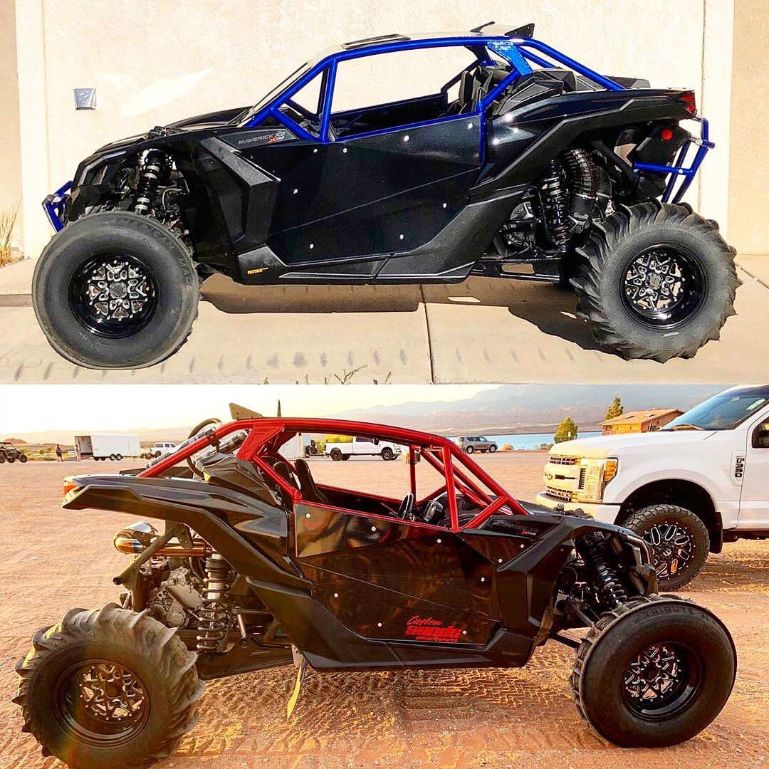 Two Can-Am Maverick X3 builds fitted with Packard V2 Super Star gloss-black non-beadlock wheels, front sand tires and rear paddle tires.