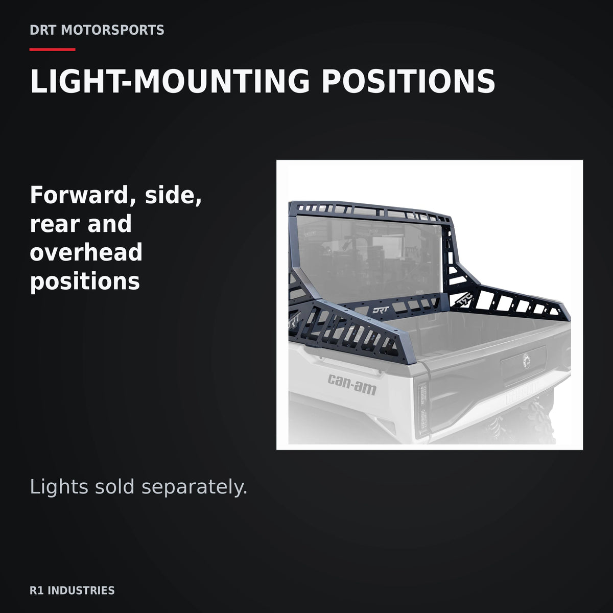 DRT Can-Am Defender HD11 Bolt-On Chase Rack (2026) — LIGHT-MOUNTING POSITIONS. Forward, side, rear and overhead positions