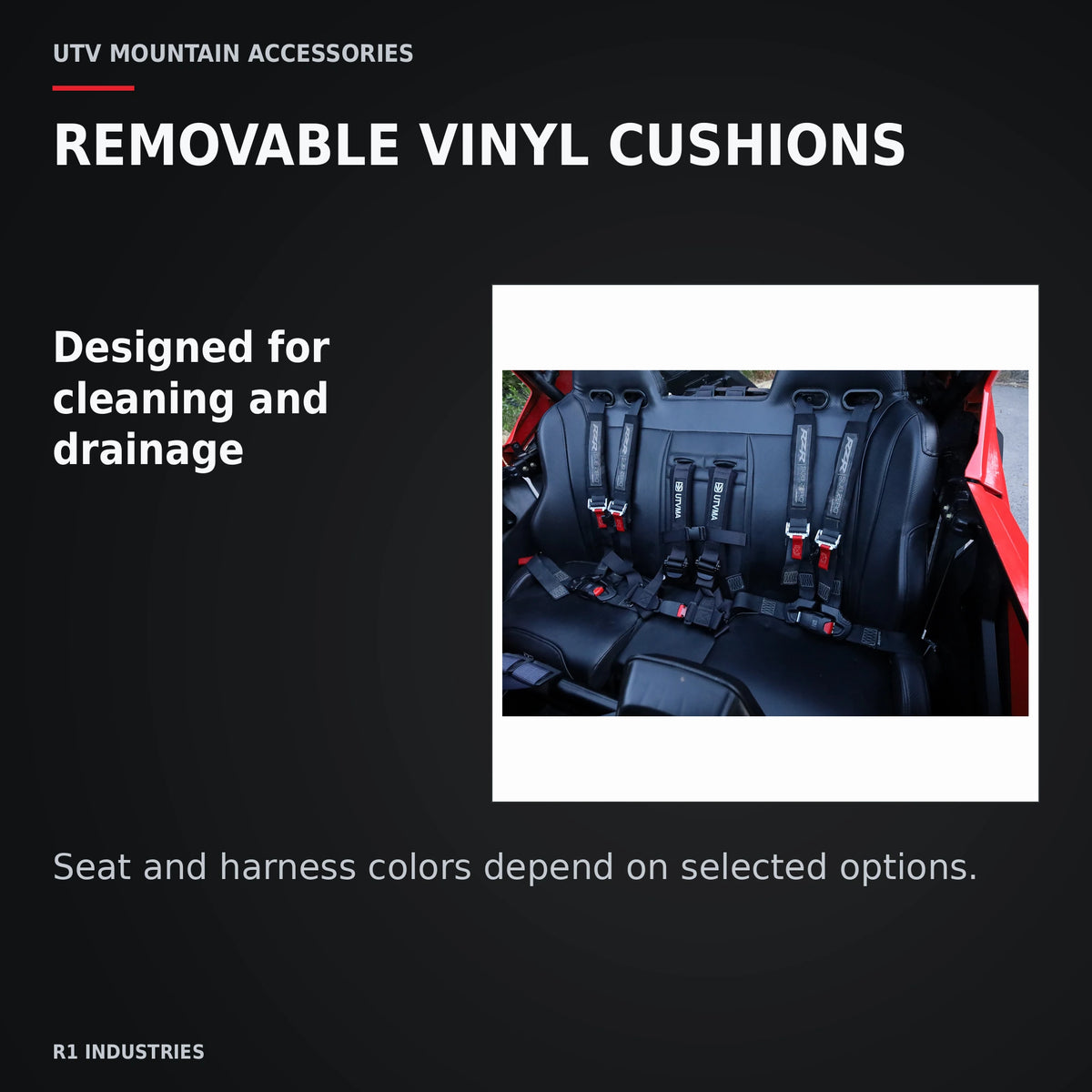 UTVMA RZR Pro XP / Pro R / Turbo R 4 Rear Bench with Harnesses — REMOVABLE VINYL CUSHIONS. Designed for cleaning and drainage