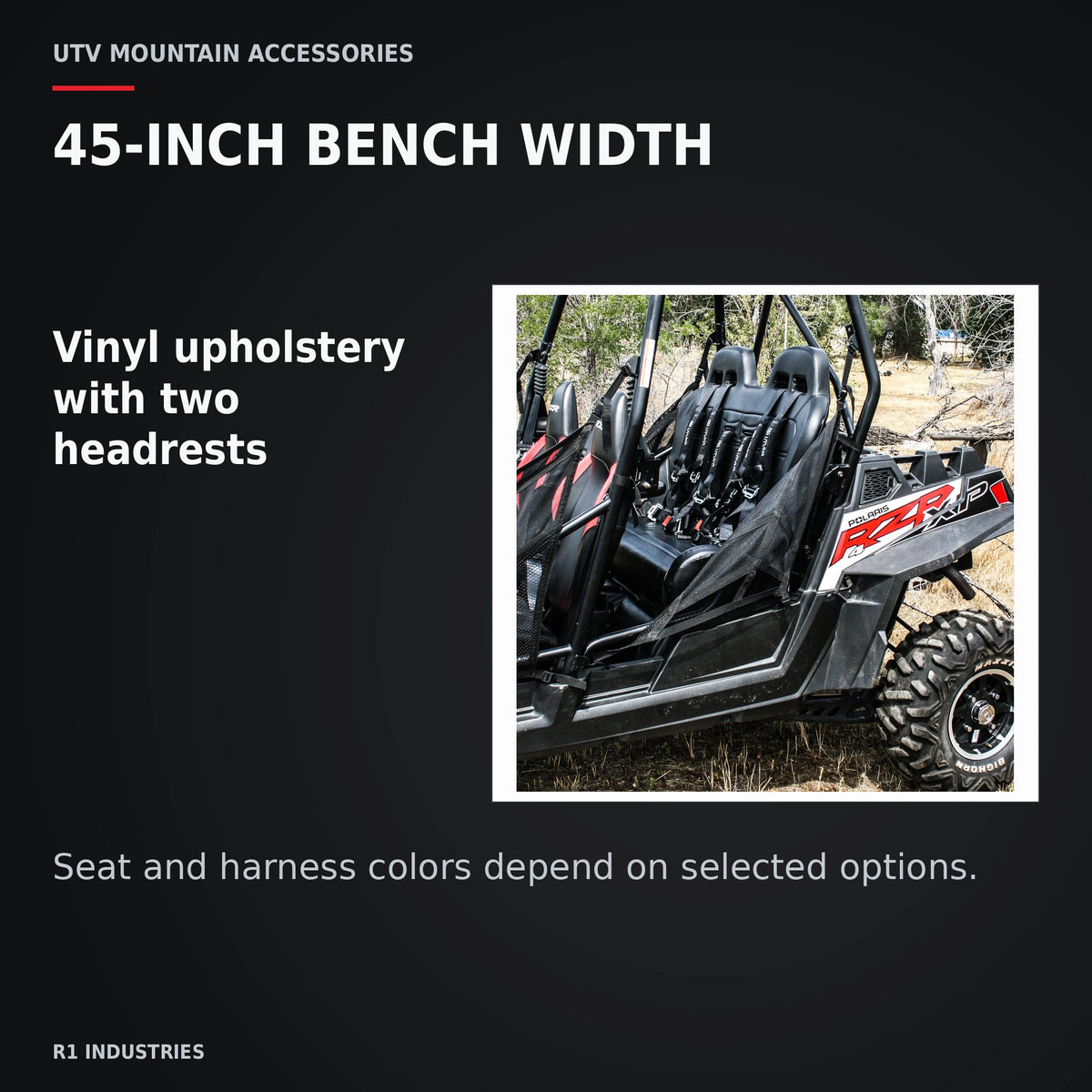 UTVMA RZR 4 800 / 900 Rear Bench with Harnesses (2010–2014) — 45-INCH BENCH WIDTH. Vinyl upholstery with two headrests
