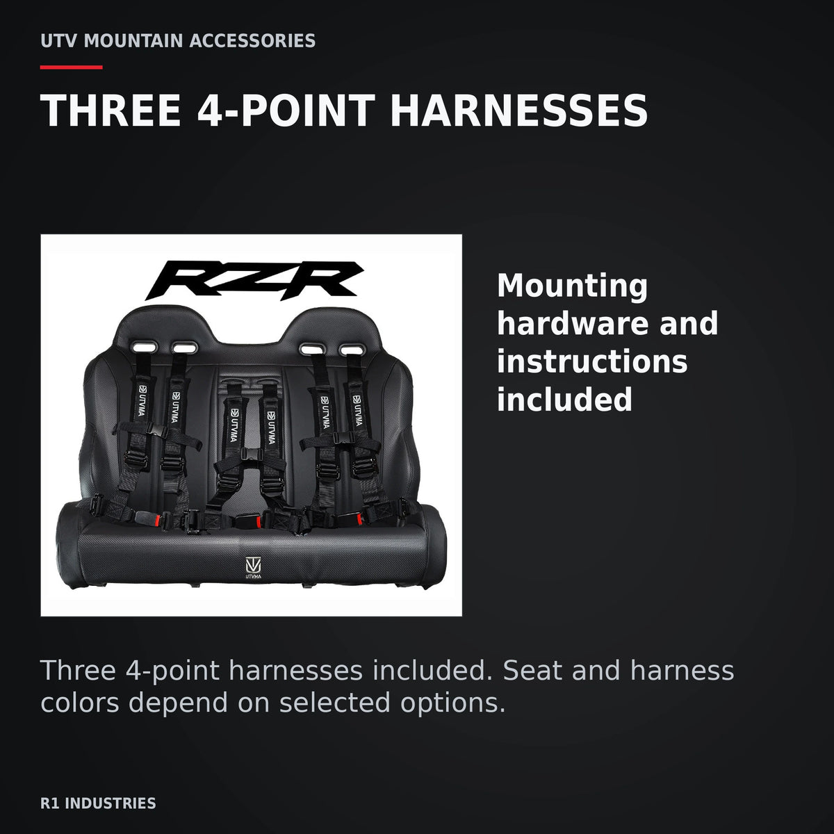 UTVMA RZR 4 800 / 900 Rear Bench with Harnesses (2010–2014) — THREE 4-POINT HARNESSES. Mounting hardware and instructions included