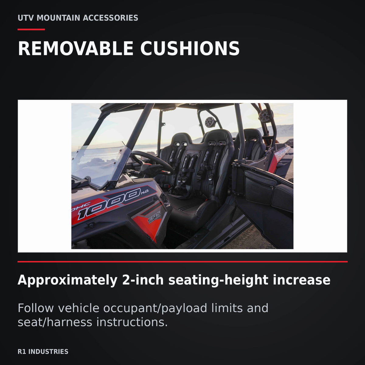 UTVMA RZR 1000 / 900 Elite Bench Seat with Harnesses — REMOVABLE CUSHIONS. Approximately 2-inch seating-height increase