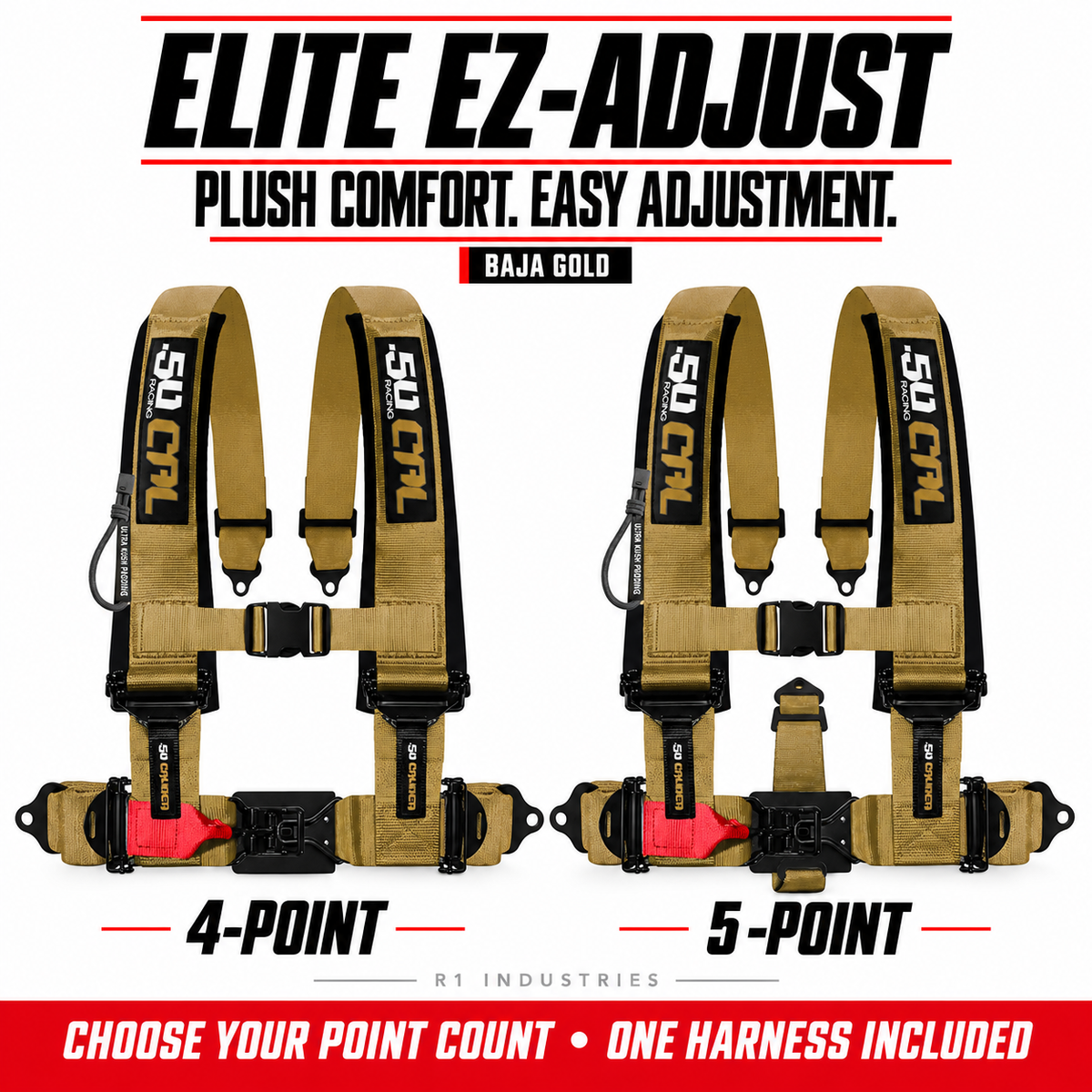 Elite EZ-Adjust Baja Gold harness: 4-point and 5-point options; one selected harness included
