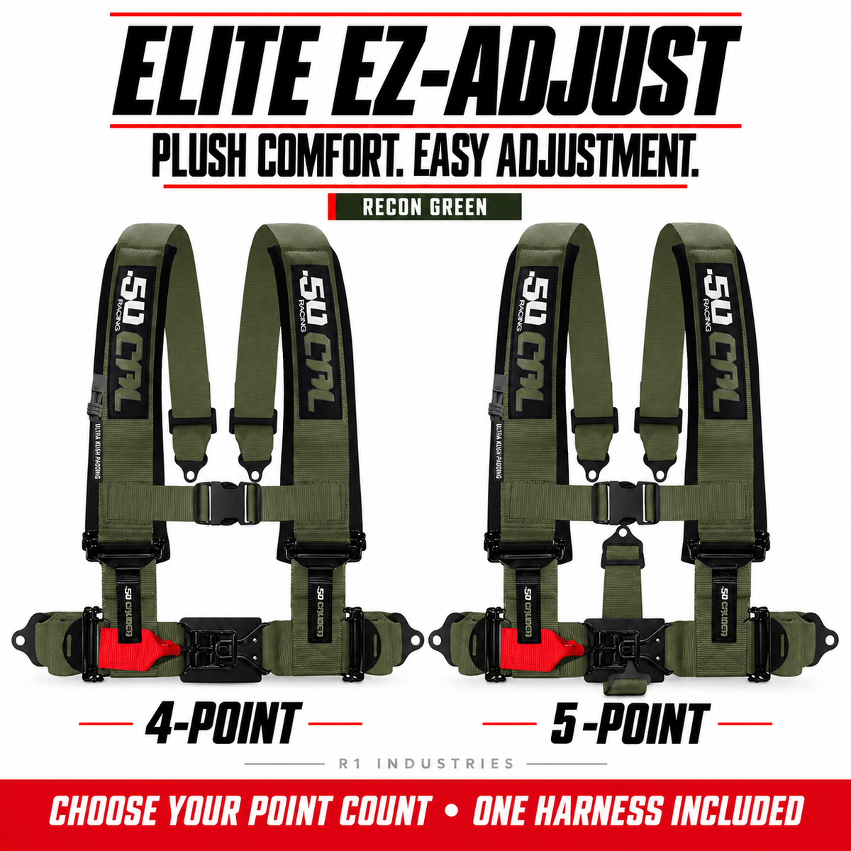 Elite EZ-Adjust Recon Green harness: 4-point and 5-point options; one selected harness included