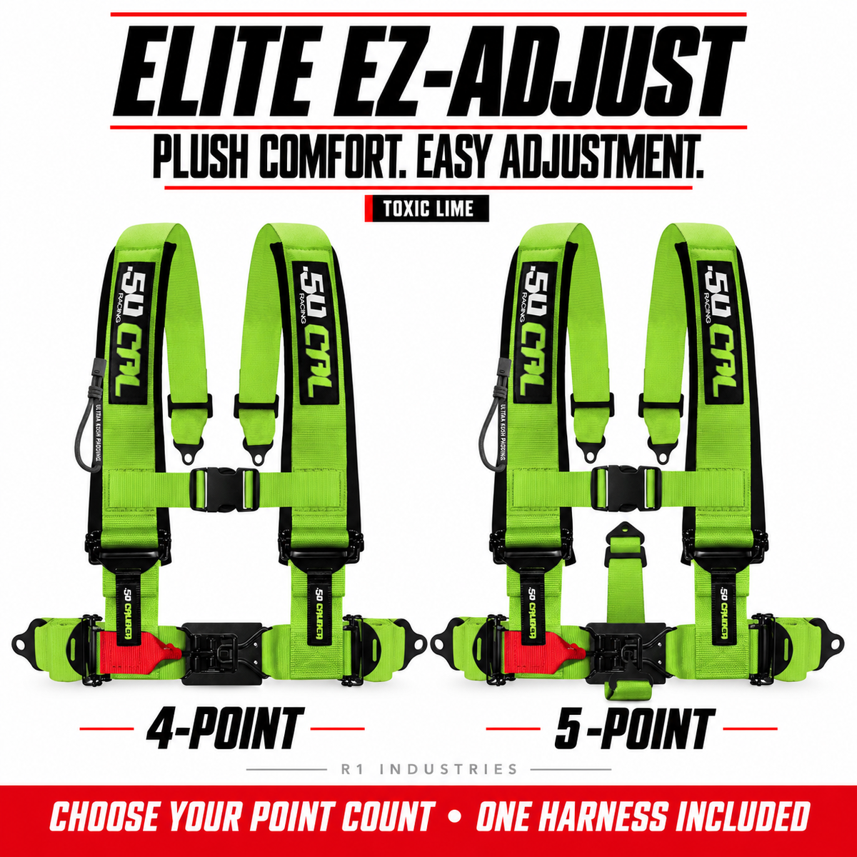 Elite EZ-Adjust Toxic Lime harness: 4-point and 5-point options; one selected harness included