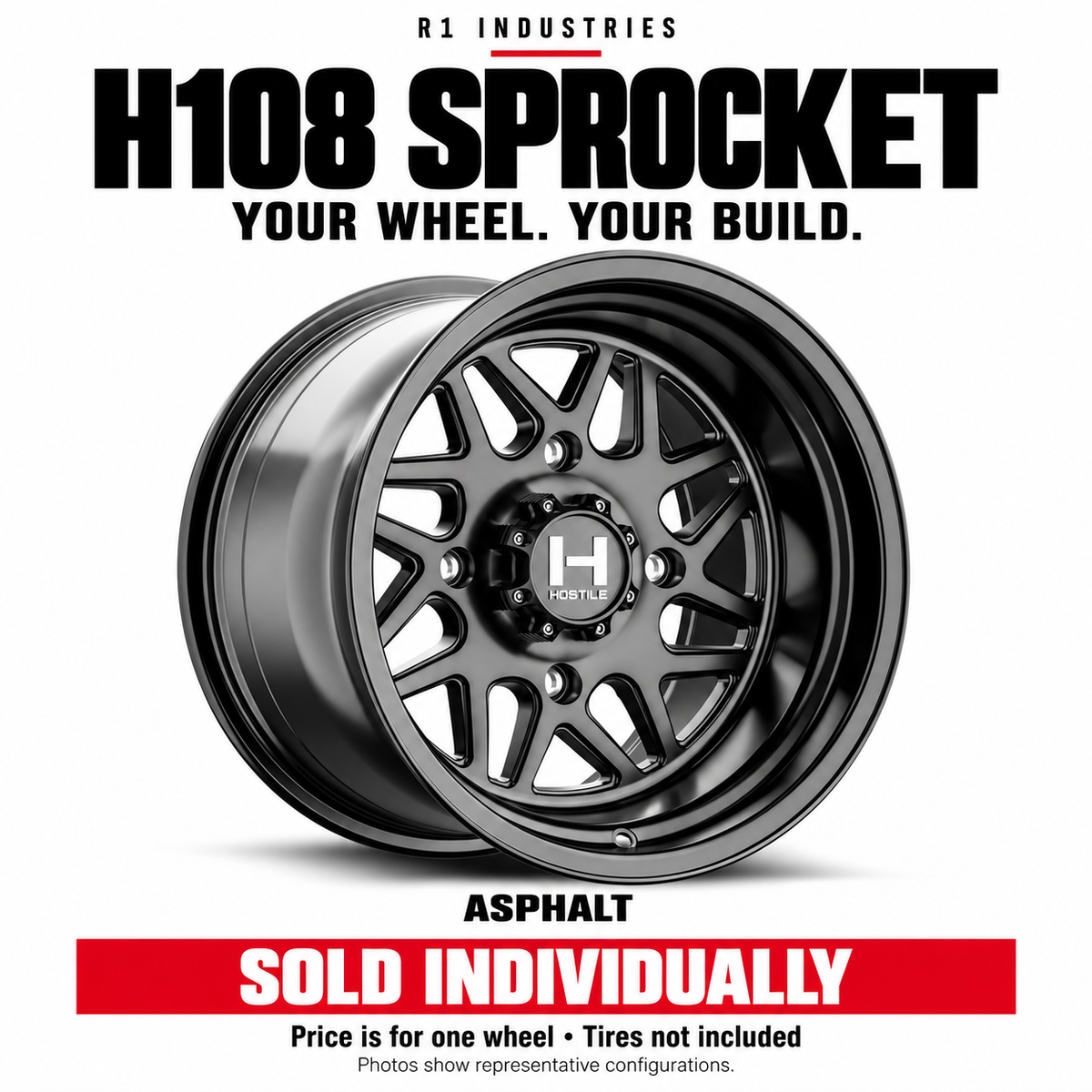 Hostile H108 wheel design and finish guide — sold individually; tires not included