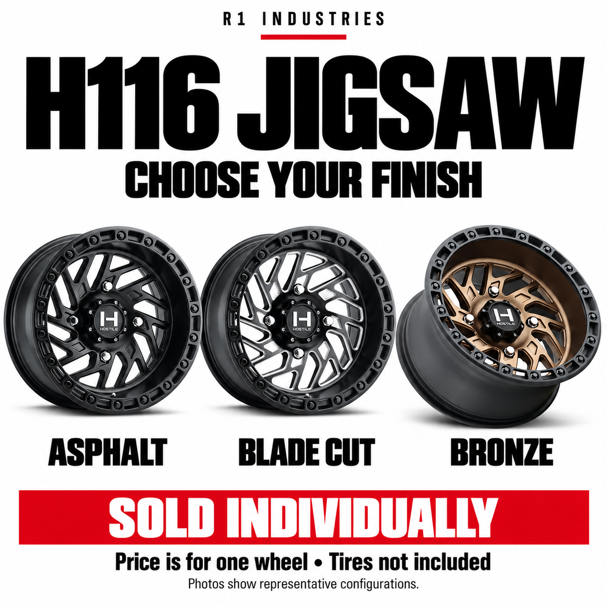 Hostile H116 Jigsaw finish comparison — Asphalt, Blade Cut and Bronze; sold individually